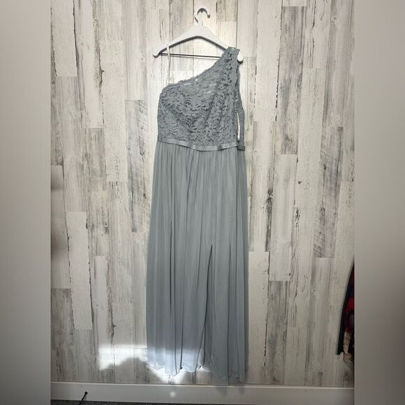 David’s Bridal One-Shoulder Lace Chiffon Gown – Misty Blue – Size 16 – NWT - Picture 4 of 8